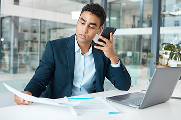 Image showing Business man, voice note and phone call in a office with conversation and document report. Company, auditor and finance agency employee with communication and discussion with corporate information