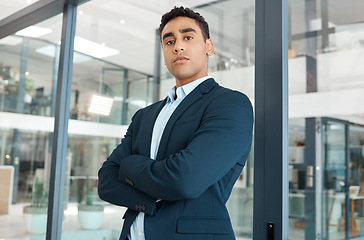 Image showing Business man, leader portrait and arms crossed with startup and company ceo in a office. Vision, professional and expert with boss confidence and corporate focus ready for working as a executive