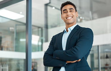 Image showing Business man, happy portrait and arms crossed with startup and company ceo in a office. Vision, professional and expert with boss confidence and corporate success ready for working as a executive