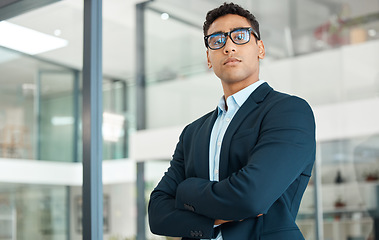 Image showing Business man, serious portrait and arms crossed with startup and company ceo in a office. Vision, professional and expert with boss confidence and corporate focus ready for working as a executive