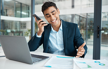 Image showing Business man, work voice note and phone call in a office with conversation and document report. Company, auditor and finance agency employee with communication and discussion with job information