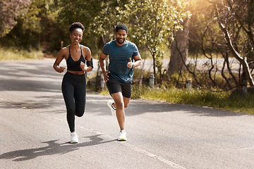 Image showing Health, exercise and black couple running, nature and workout goal with endurance, training and wellness. Runners, man and woman in the street, run and progress with health, performance and fitness