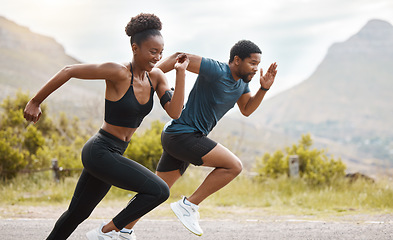 Image showing Fitness, exercise and black couple running, outdoor and workout goal with endurance, cardio and self care. Runners, man and woman in the street, run or training with progress, health and wellness