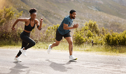 Image showing Fitness, training and black couple running, outdoor and cardio with endurance health and wellness. Runners, man and woman in the street, run or progress with speed, cardio and marathon with a target