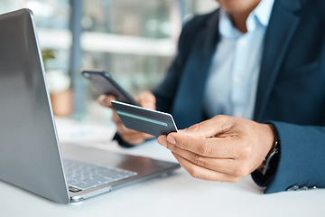 Image showing Credit card, businessman hands and laptop with online banking, payment and ecommerce store. Office, male professional and smile of a corporate worker with web shopping on an internet shop at work