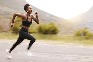 Image showing Athlete, speed and fast black woman running and training for outdoor sports, workout and exercise for a marathon. Strong, wellness and healthy fitness person or female runner with speed for health