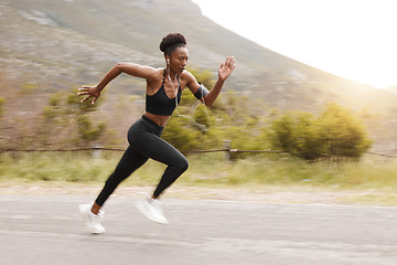 Image showing Athlete, fitness and fast black woman running and training for outdoor sports, workout and exercise for a marathon. Strong, wellness and healthy female person or runner with speed for health