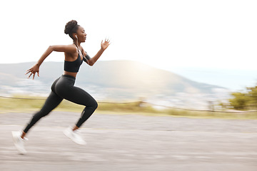 Image showing Athlete, mockup and fast black woman running and training for outdoor sports, workout and exercise for a marathon. Fitness, wellness and healthy female person or runner with speed for health