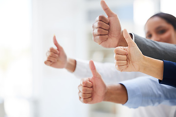 Image showing Closeup, business and group with thumbs up, agreement and approval with collaboration, teamwork and solidarity. Zoom, staff or team with hand gesture, symbol and achievement with emoji and support