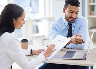 Image showing Meeting, CV and business people with laptop for interview, job vacancy or opportunity in office. Corporate, recruitment and man and woman in conversation for hiring with document, resume and computer