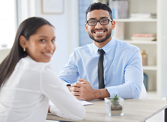 Image showing Meeting, CV and portrait of business people for interview, job vacancy and career opportunity in office. Corporate manager, recruitment and happy man and woman for hiring with resume or CV documents
