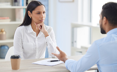 Image showing Meeting, job interview and business people in discussion for hiring, vacancy or career opportunity in office. Corporate, recruitment and man and woman boss in conversation with CV or resume documents