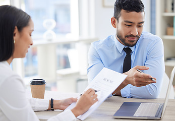 Image showing Hiring, CV and business people in meeting for interview, job vacancy and opportunity in office. Corporate, recruitment and man and woman talking with resume, laptop and documents for application