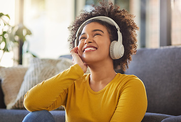 Image showing Headphones, music and happy woman in home mental health, wellness ideas and youth radio or streaming service. Relax, listening and thinking or inspiration of young african person on audio technology