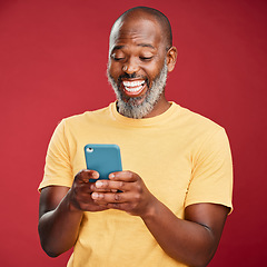 Image showing Studio, black man and smile for phone communication, social media or online announcement. Mobile, mockup and person happy ux with app, reading website or typing post on internet or search on web