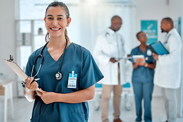 Image showing Healthcare, doctor and portrait of woman with clipboard for medical report, results and wellness. Hospital, clinic team and face of female health worker smile for service, consulting and insurance