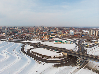 Image showing Aerial shot of bridge and car driving on the bridge