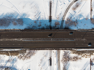 Image showing Aerial view of a road in winter landscape