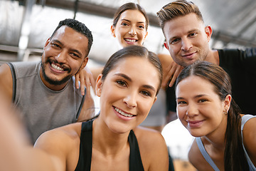 Image showing Fitness friends, face and selfie in gym with smile in portrait, exercise together and motivation. Health, wellness and trust, training and friendship, people are happy in picture at workout studio