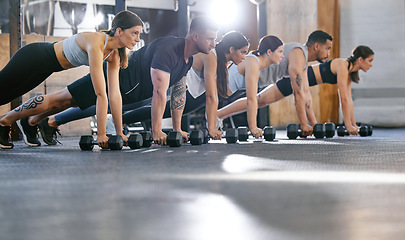 Image showing People in gym, plank with dumbbell and fitness, exercise class for muscle training and bodybuilding. Strong, men and women workout together, challenge and motivation with bodybuilder group and power