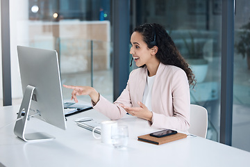 Image showing Call center, video call and woman in customer support on computer with headset for consulting. Telemarketing, communication and female worker point to pc screen for crm service, help desk and contact