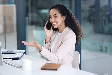 Image showing Computer, excited and phone call with business woman in office for networking, deal or contact. Communication, happy and planning with female employee for online, project and connection