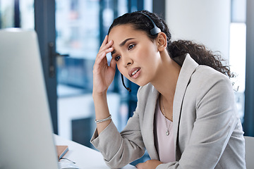 Image showing Confused, frustrated and call center with business woman in office for tired, stress or burnout. Customer service, anxiety and mental health with female employee at computer for exhausted and mistake