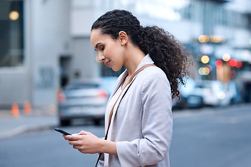 Image showing Search, phone and business woman in city for social media, networking or travel. Internet, technology and website with female employee in urban outdoors for contact, professional or communication app