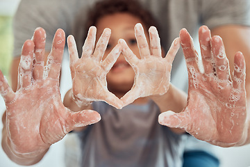 Image showing Hands, soap and man with child washing palm for hygiene and bacteria protection with bubbles in a bathroom. Healthcare, parent and kid cleaning hand with foam for safety from germs or virus