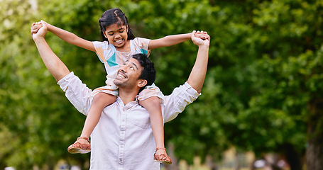 Image showing Airplane, love and father with girl in a park happy, playing and having fun together outdoor. Flying, piggyback and child with parent in a forest for games, bonding and smile while walking in nature