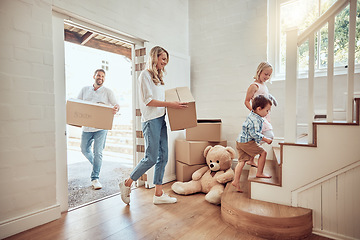 Image showing Children, new home or parents moving boxes in real estate property investment or rental apartment. Mother helping, father or happy kids carrying or lifting a box in family house to move in together