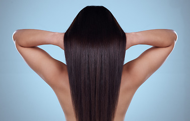 Image showing Beauty, hair and back of woman in studio for haircare, cosmetics or salon products on blue background. Girl, model and touch healthy, natural and glowing texture on head or cosmetic extensions