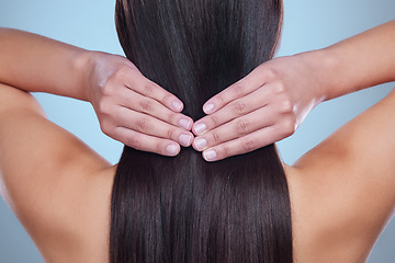 Image showing Beauty salon, hair and back of woman in studio for haircare, cosmetics or shampoo product on blue background. Girl, hands and touch healthy, natural and glowing texture on head or cosmetic extensions