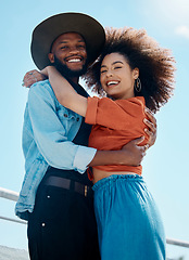 Image showing Portrait, hug and couple outdoor, love and relationship with happiness, bonding and loving together. Face, man or woman embrace, interracial and romance with quality time, smile and support with care