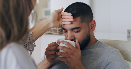 Image showing Sick, fever and tea with couple in bedroom for problem, medical and illness recovery. Relax, love and care with man and woman helping in bed at home for virus, fatigue and disease treatment