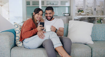 Image showing Phone, happy and couple relax on sofa for social media post, online website and internet at home. Communication, relationship and man and woman on smartphone for quality time, bonding and networking