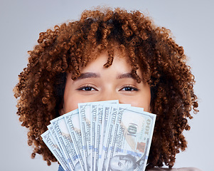 Image showing Money, cover face and portrait of woman isolated on white background winning, cash fan or finance loan. Lottery, bank and african person or winner investment bonus, budget secret or financial profit