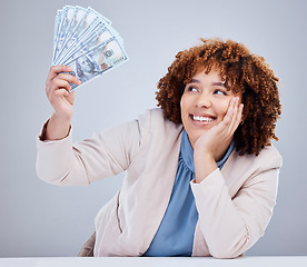 Image showing Face, money and woman with cash in studio, mockup or payment from lottery, competition or financial winner. Female person, finance award or bonus prize in savings, trading investment or bank bills