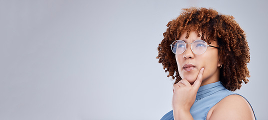 Image showing Thinking, ideas and space of woman isolated on white background in business decision, choice or solution in studio. Creative vision, idea mockup and brainstorming of african person planning on banner