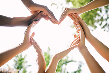 Image showing Hands, heart and emoji with a group of people outdoor together in summer for love or solidarity. Social media, icon and hand gesture with friends outside in nature for sustainability or bonding