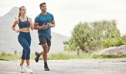 Image showing Running, mountain road and couple of friends training for sports and health outdoor. Fitness, workout and sport run of young runner people together on a street with athlete exercise and race cardio