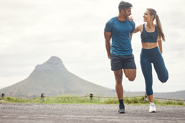 Image showing Stretching legs, run warmup and couple of friends in the mountain for outdoor exercise. Training, balance and young people smile with leg stretch for fitness, sports and workout on road with mockup