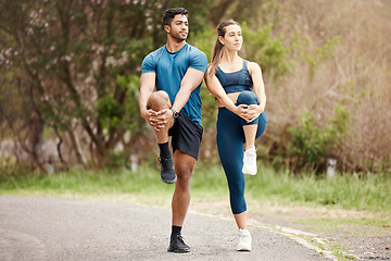 Image showing Stretching legs, body warmup and couple of friends for outdoor and sport exercise. Training, wellness balance and young people smile with leg stretch for fitness run, sports and workout on a road