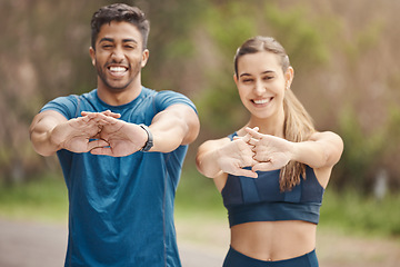 Image showing Stretching arms, portrait and couple of friends in the mountain for outdoor exercise. Training, wellness balance and young people smile with leg stretch for fitness run, sports and workout on a road
