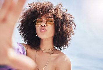 Image showing Sky, selfie and woman on vacation, travel and happiness on a weekend break, sunglasses and cheerful. Portrait, female person and girl with eyewear, summer holiday or getaway with joy and social media