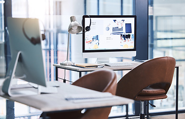 Image showing Call center, internet and headset on a computer screen in an empty office space for customer service. Crm, telemarketing and sales or technical support company with contact us website on a desktop