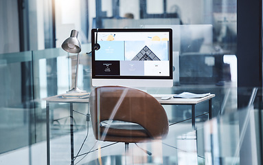 Image showing Call center, computer screen and headset for customer service in an empty office. Crm, telemarketing and sales or contact us website for technical support with headphones, internet and desktop pc