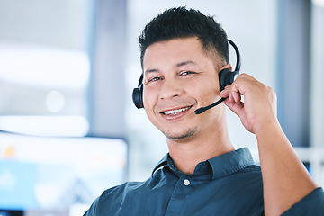 Image showing Call center, customer service and face of a man with headset for contact us communication. Crm, telemarketing and sales or happy technical support agent or consultant person portrait with microphone