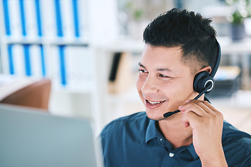 Image showing Call center, customer service and a man talking on a microphone for contact us communication. Face of person as crm, telemarketing and sales or technical support agent with a headset and computer