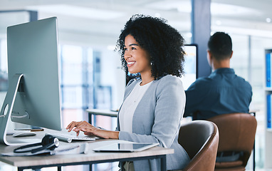 Image showing Woman, typing at computer with online tech support and email, consultant at desk with smile at customer service agency. Contact center, communication and happy female agent with feedback and help